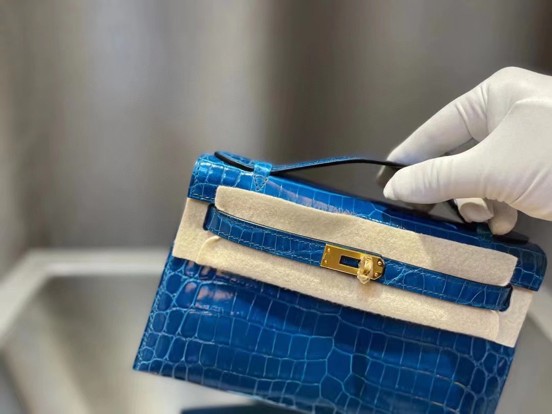 에르메스 켈리 포쉐트 블루 금장 샤이니 악어가죽